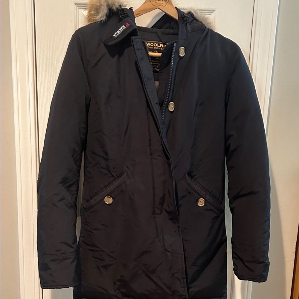 Woolrich Navy Hooded Coat with Fur Trim